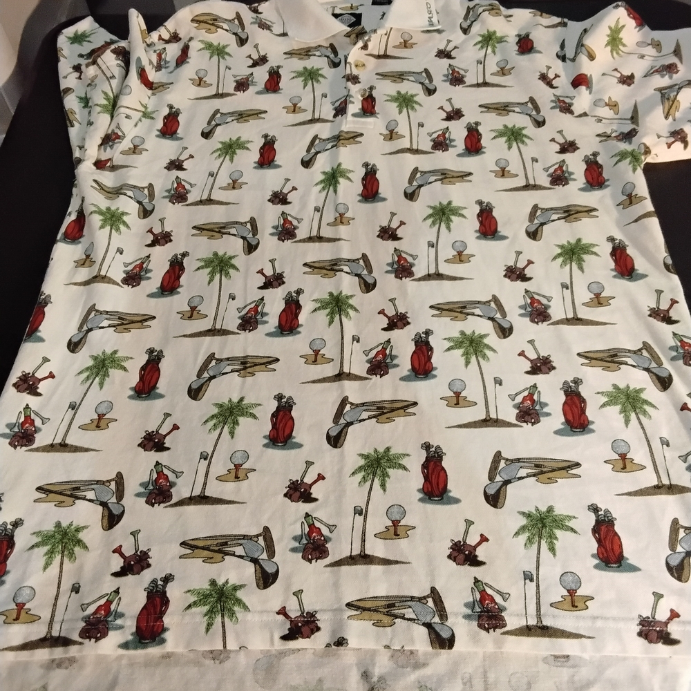VTG Tabasco size L 90s y2k Golf Polo Shirt Louisiana Hot Sauce Palm Tree